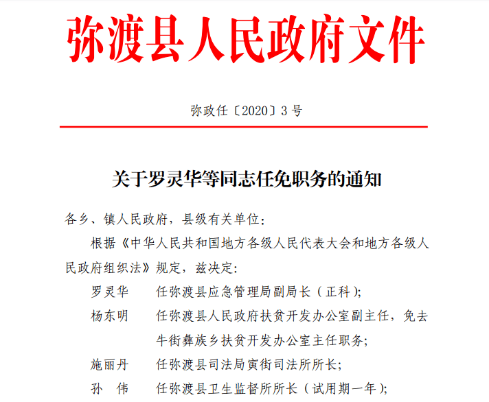 冕宁县政府最新发布：干部人事调整与任免公告